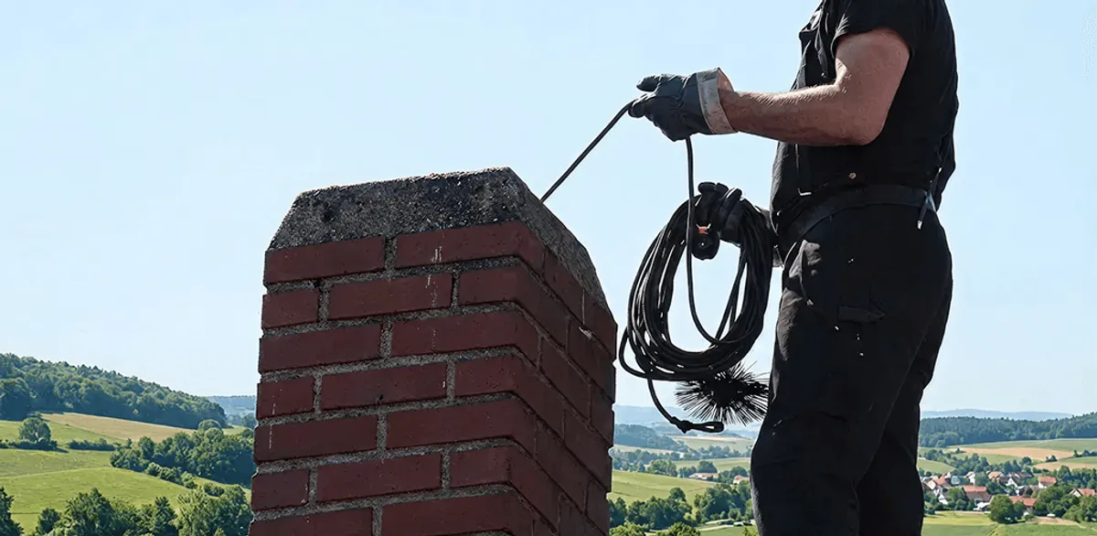 Chimney sweep inspecting and cleaning a rooftop chimney in Arvada, CO
