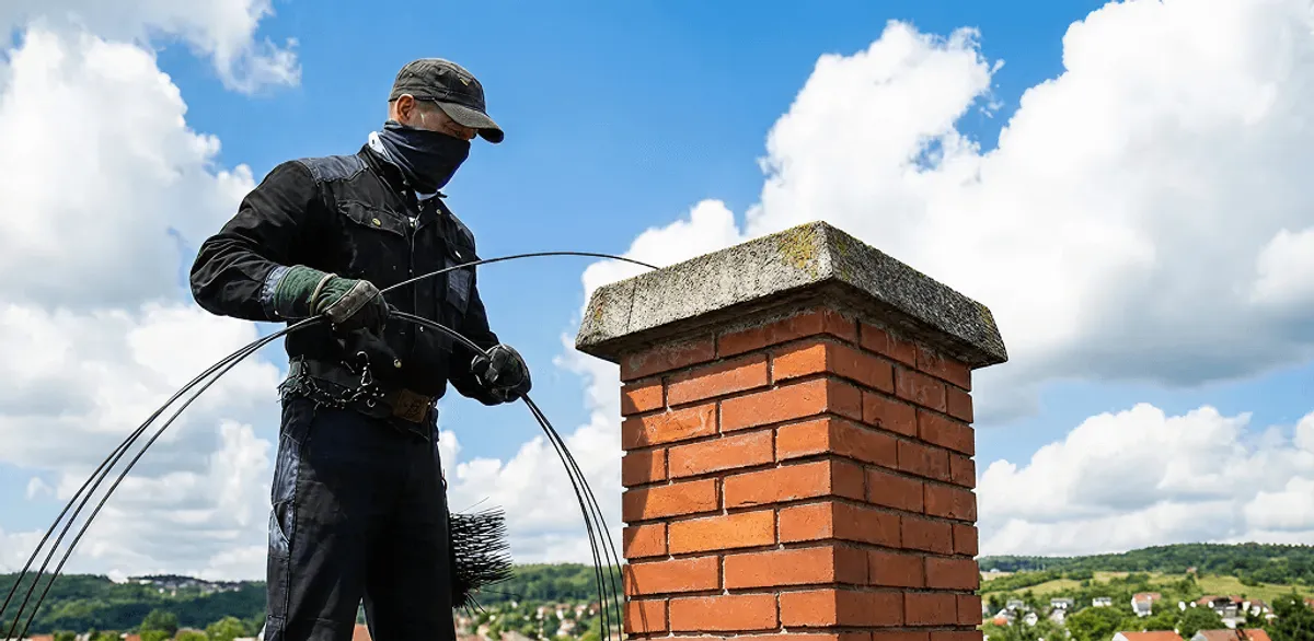 Chimney sweep cleaning a brick chimney with professional tools in Arvada, CO